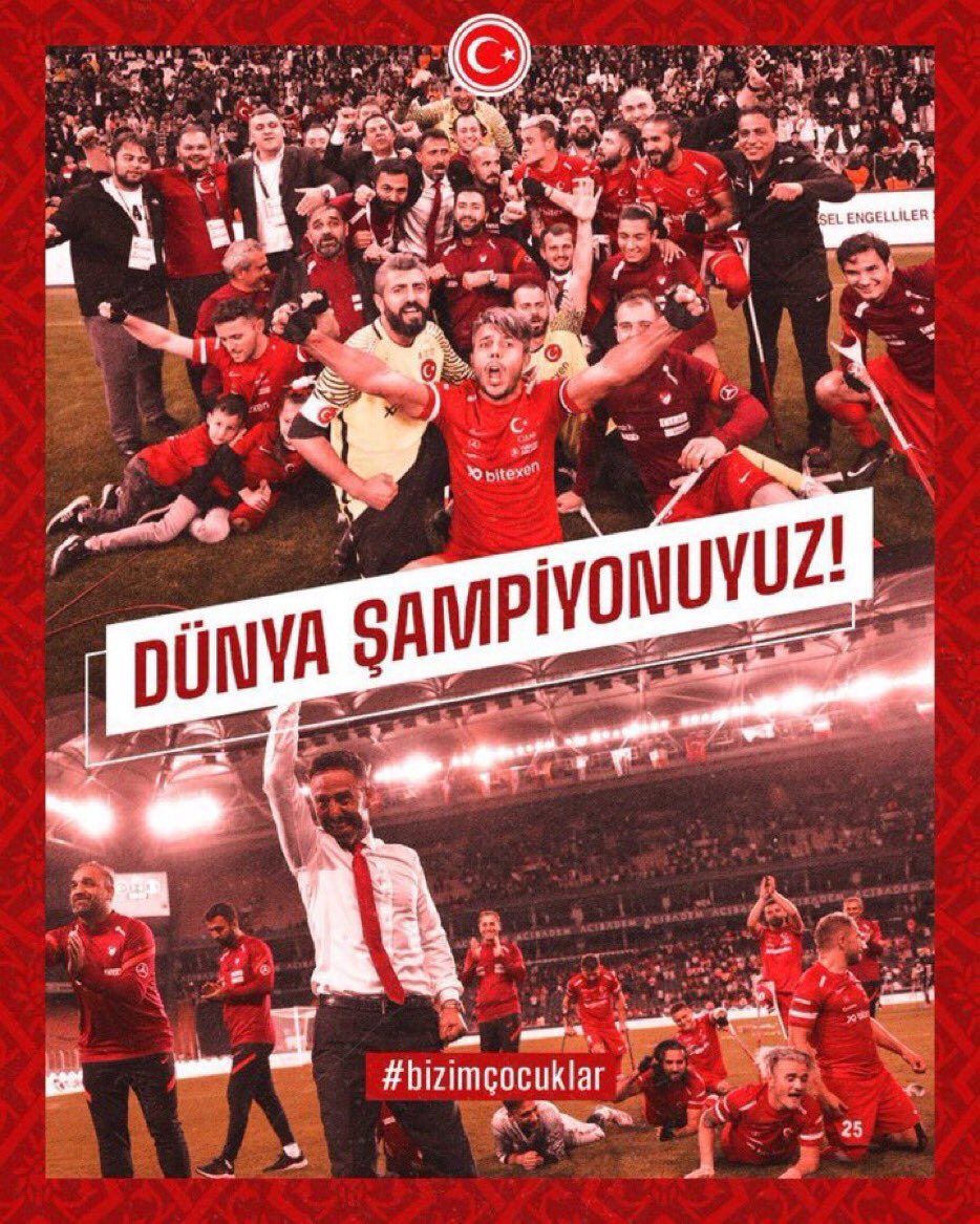 Fatih__Bildik's tweet photo. Dünya Kupası finalinde rakibi Angola ‘yı 4-1 mağlup ederek şampiyon olan ve tarihî bir başarıya imza atan Ampute Millî Futbol Takımımızı yürekten kutluyor, başarılarının devamını diliyorum.

Tebrikler #BizimÇocuklar 🇹🇷 https://t.co/SjeEJGwotb