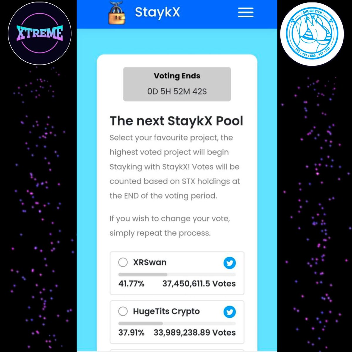 #xTREME support @HugeTitsCrypto 

#xTREMEARMY lets support projects that have a good purpose for humanity. 

Vote @HugeTitsCrypto on <a href="/StaykX_/">StaykX (We Have Moved!)</a> 
👉Staykx.com/v2/vote

@xtreme_asia @TomMartinFrank1