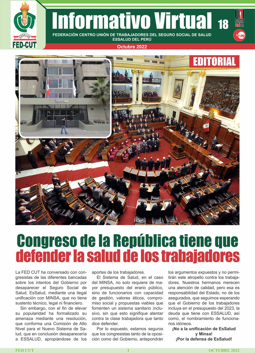FedCut's tweet photo. #Informativovirtual 018-CDN-FED-CUT-ESSALUD-2022.
🟢Congreso de la República tiene que defender la salud de los trabajadores. https://t.co/j3CZEXLy0I