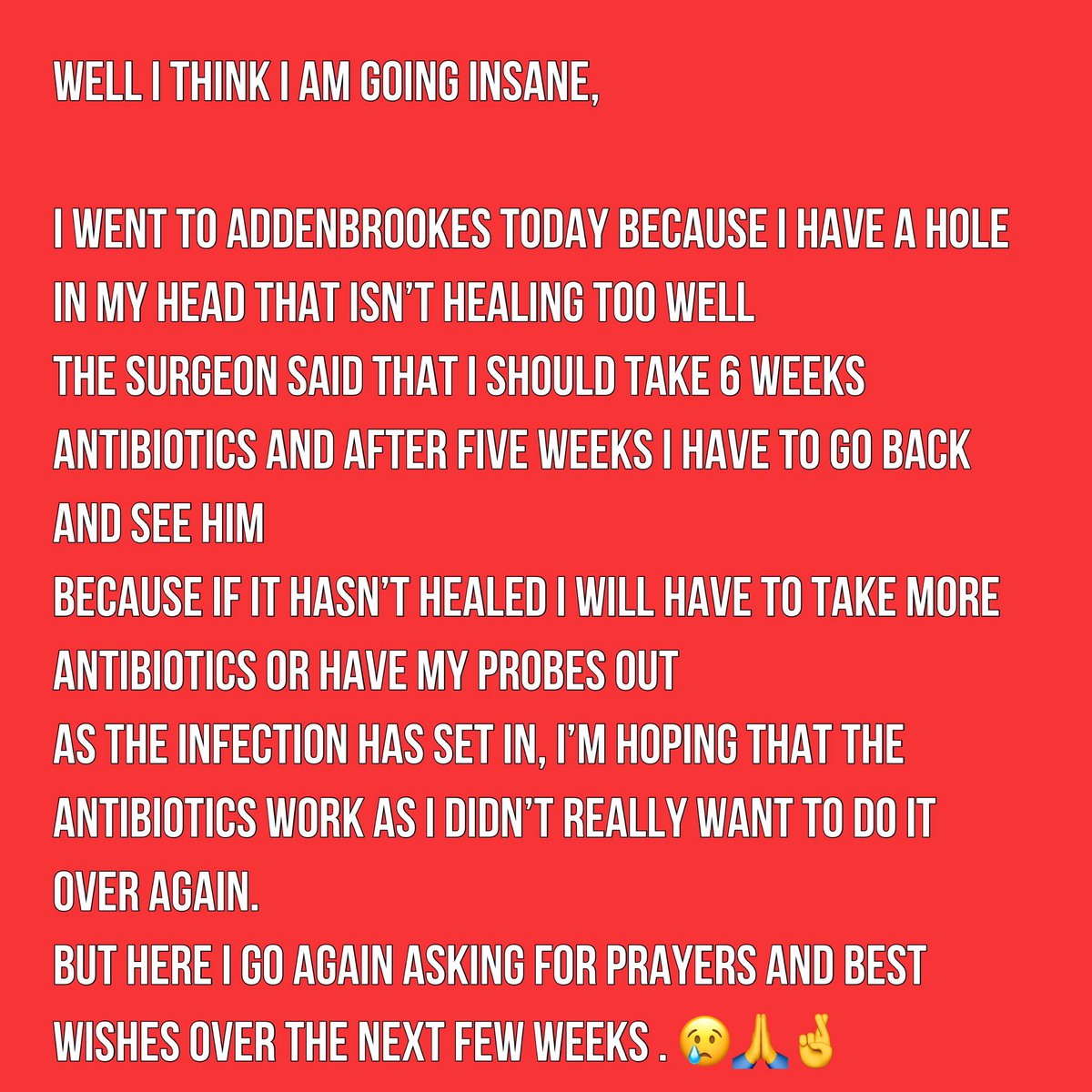 eshelleyk's tweet photo. #Parkinsons #deepbrainstimulationsurgery #brainsurgery #hole #head #heal #antibiotics #sixweeks #prayers #fingerscrossed https://t.co/paNY2SZ888