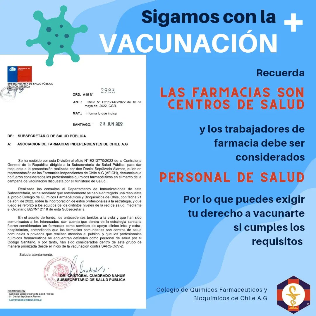 ColegioQFyBQ's tweet photo. El Ord. 2983 del 28.06.2022 emitido por la Sub-Secretaría de Salud Pública, a través de oficio requerido por la @Contraloriacl, respecto a la vacunación contra COVID-19 para QFs también ratifica a la farmacia como centro de Salud y farmaceuticas/os como profesionales sanitarios. https://t.co/g0P5uWg78w