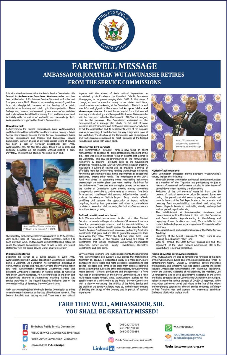 petermukwena's tweet photo. Congrats Ambassador JB Wutawunashe on good long service retirement from Zimbabwe civil service after 42 years of impeccable love of God, his family &amp; his nation…&amp;music. His integrity, honesty &amp;faithfulness are known by many in Christendom &amp;within business &amp;secular life.👏🏾👏🏾👏🏾 https://t.co/e4r5QKMqTV