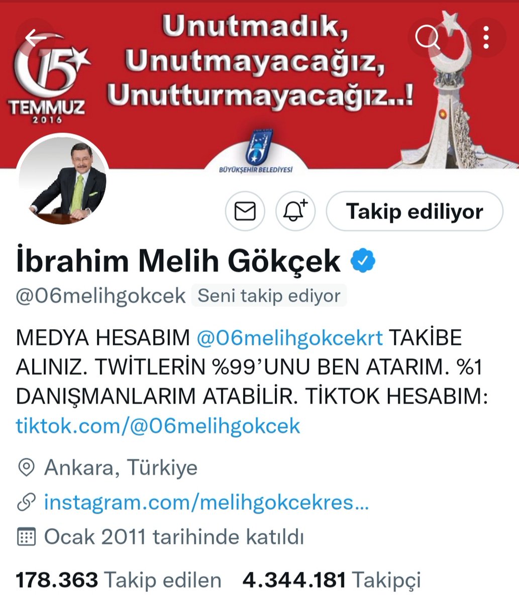 Başkanım beni takip etme lüftunda bulunmuş. Allah razı olsun hayırlı aksamlar <a href="/06melihgokcek/">İbrahim Melih Gökçek</a>