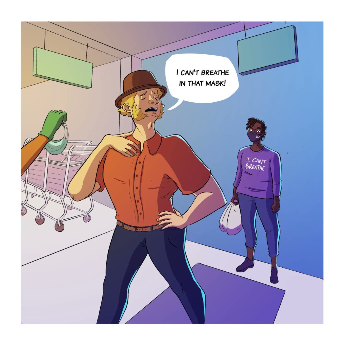 CanadianCMF's tweet photo. This comic, made for our comic book #raceissues, is about the irony of people who are against masks claiming they can't breathe.
Each comic was created from an entry on our website from #BIPOC across Canada who experienced racism during #covid19. https://t.co/z3ev5JUaFm