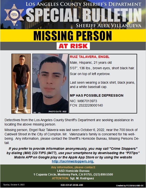 #LASD is Asking for the Public’s Help Locating Missing Person Engel Ruiz Talavera #Compton