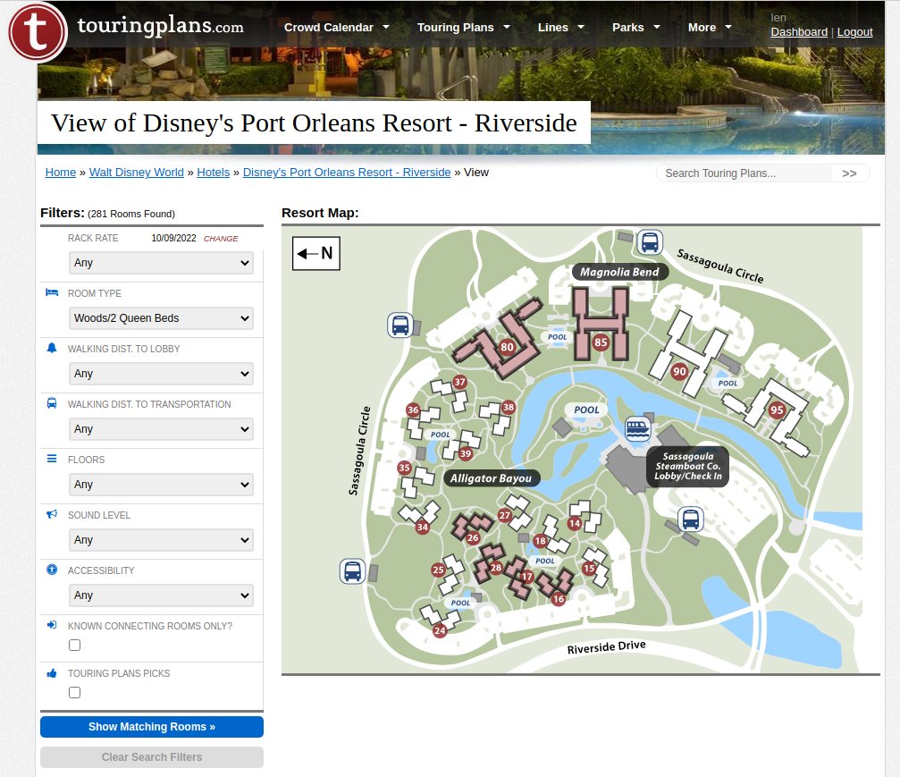 LenTesta's tweet photo. @leedsandyb76 @TouringPlans In the "View" drop-down, select "Woods/2 Queen Beds" option, then click the blue "Show Matching Rooms" button.  

You should see matching *buildings* appear in red. 

Click on any building to see a map of rooms by floor.  All the Woods/2QB rooms will be shown in red. https://t.co/nTi3REiFi1