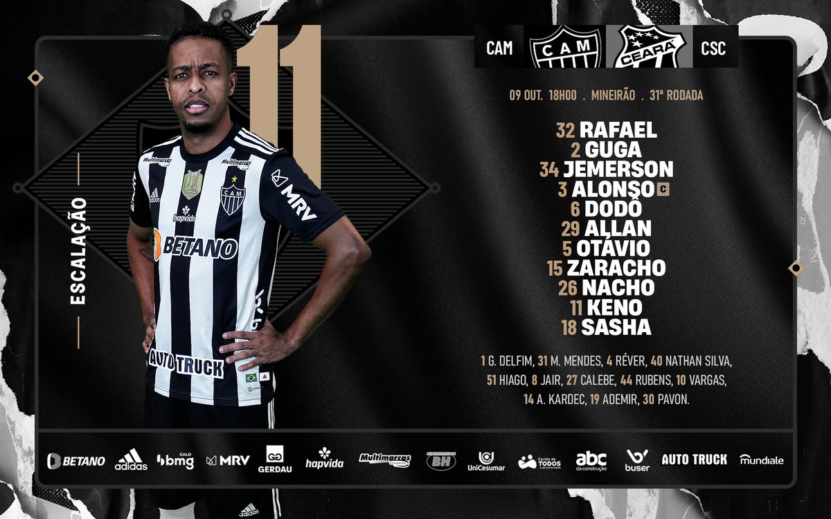 Atletico's tweet photo. 📋 GALO ESCALADO! Confira nossa escalação para enfrentar o Ceará pelo @Brasileirao.

#VamoGalo #CAMxCSC 🏴🏳️ https://t.co/AZLOwKJvyI