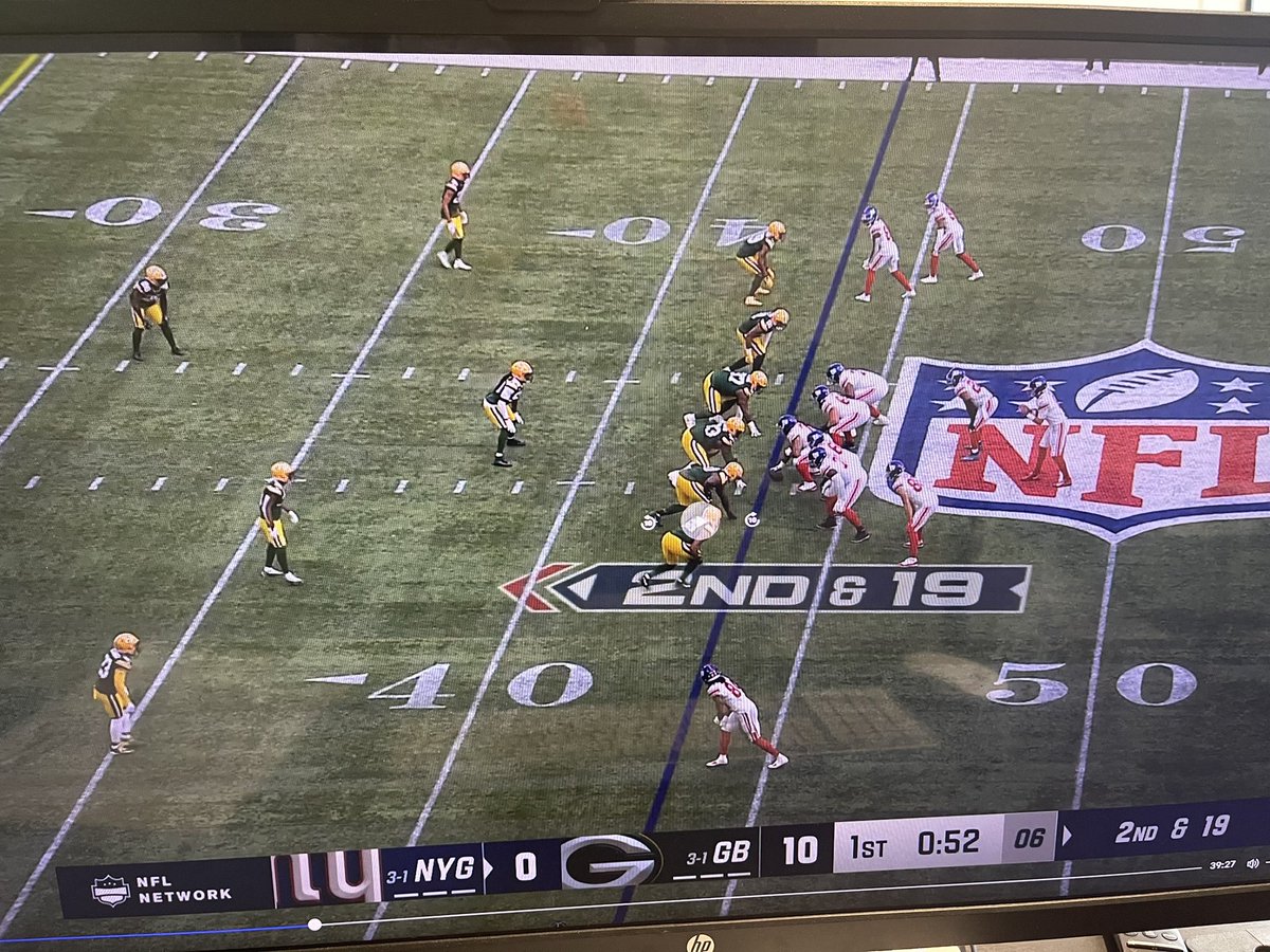 AndyHermanNFL's tweet photo. 2nd &amp; 19 - bottom of the screen. Marcus Johnson (signed off the practice squad this week) vs. Jaire freaking Alexander. 10 yards off the LOS. You’re conceding this play when you have an all-pro vs a p/s WR. Why?! Poor angle led to a 12 yard pickup. Just play defense!!! https://t.co/HKI00ojdEX