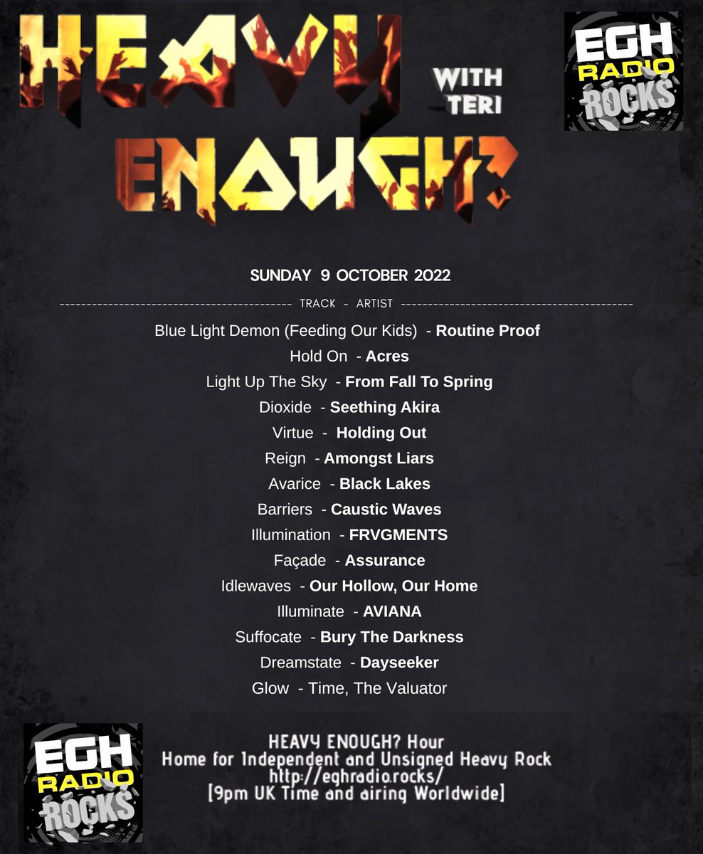 HeavyEnough Hour with Teri (@musicmatterstee) on Twitter photo #TuneIn @EGHRock #HeavyEnough?Hour now!
#ListenHere ⇒eghradio.rocks/player_stream/
#NowPlaying
Great new music from-
<a href="/Routineproof/">Routine Proof Music</a>
<a href="/acresuk/">Acres</a>
<a href="/ffts_ger/">From Fall to Spring</a>
<a href="/SEETHINGAKIRA/">Seething Akira</a>
<a href="/HoldingOutUK/">Holding Out</a>
<a href="/amongstliars/">Amongst Liars</a>
<a href="/BlackLakesUK/">Black Lakes</a>
Enjoy! #NewMusicAlert #PlayItLoud #TuneIn @EGHRock #HeavyEnough?Hour now!
#ListenHere ⇒eghradio.rocks/player_stream/
#NowPlaying
Great new music from-
<a href="/Routineproof/">Routine Proof Music</a>
<a href="/acresuk/">Acres</a>
<a href="/ffts_ger/">From Fall to Spring</a>
<a href="/SEETHINGAKIRA/">Seething Akira</a>
<a href="/HoldingOutUK/">Holding Out</a>
<a href="/amongstliars/">Amongst Liars</a>
<a href="/BlackLakesUK/">Black Lakes</a>
Enjoy! #NewMusicAlert #PlayItLoud