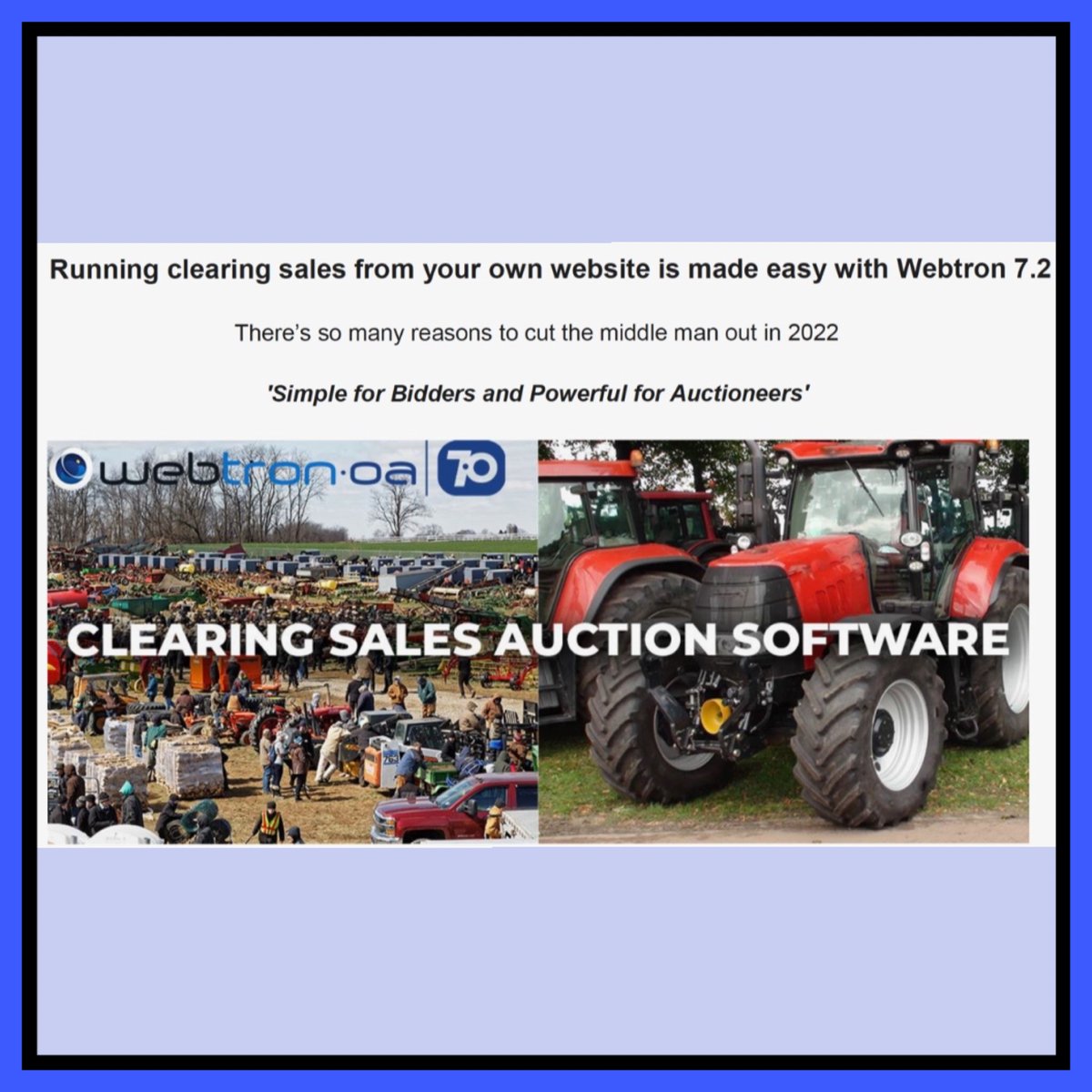 WebtronOA's tweet photo. Webtron supplies Auctioneers worldwide a branded dynamic online clearing sale auctions software website solution
👉Learn more visit https://t.co/C5HDiFomN6
#auctionsoftware #auctioneers #auctioneer #auctionnews #auctions #auctionhouse #auctionsonline #auctionportal #auctionsUK https://t.co/F8NxK46nmX