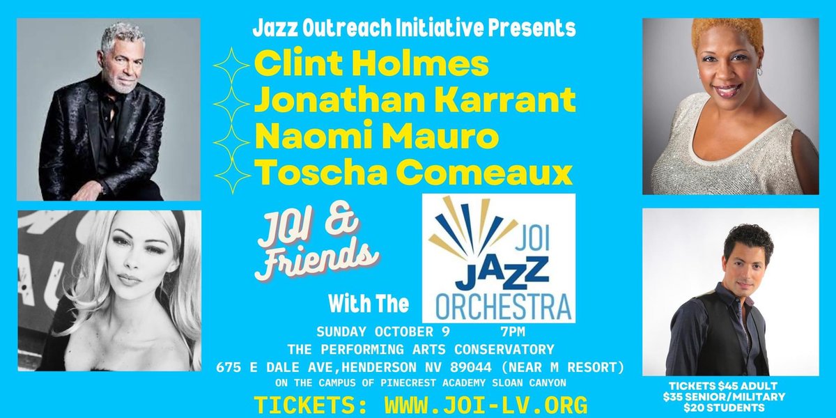 jenpbradley's tweet photo. Concert tonight to benefit @JOI4Jazz! Amazing talents of #ClintHolmes @jonathankarrant, @NaomiMauroLV! @KTNV @johnnykats @8NewsNow @News3LV @FOX5Vegas @lasvegasweekly @VitalVegas https://t.co/07XPkfSBw3