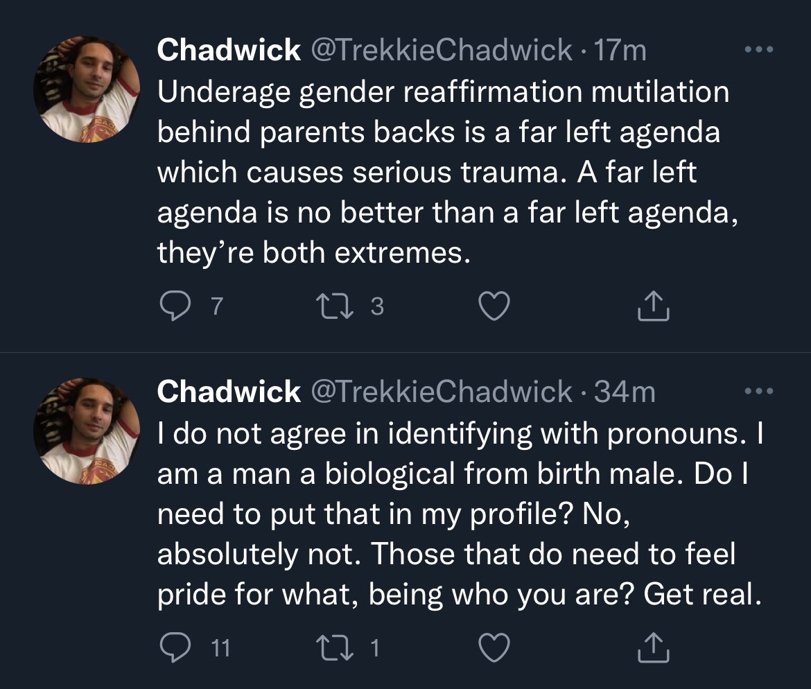 CaptainPikeachu's tweet image. Mutuals, some of y’all need to check your follows, because this person should be unfollowed. We do not need someone in this Trek community spreading transphobic talking points. We can do better that this.