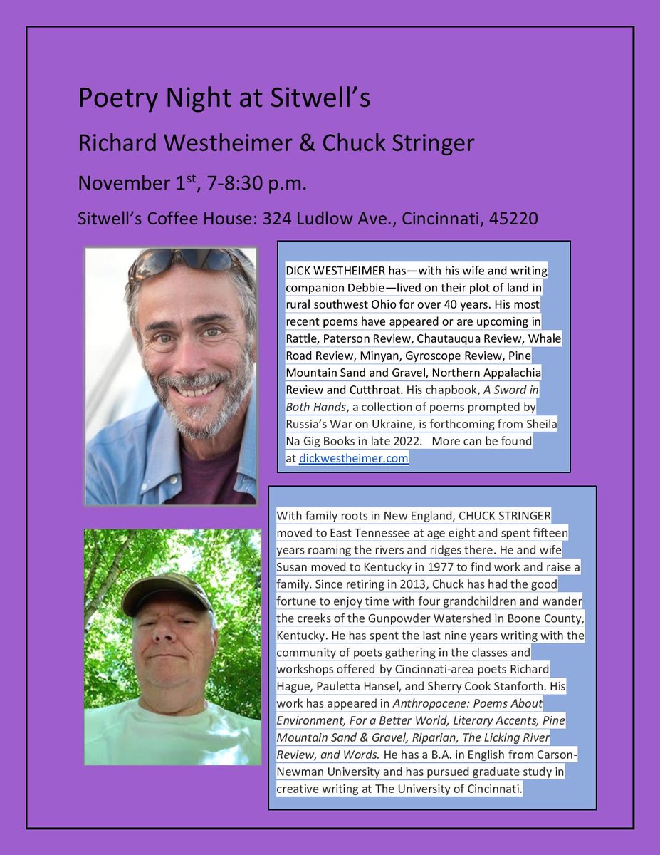 Cinti/NKY poetry fans: our featured poets on Nov. 1st are ⁦@rlwesty1⁩ &amp; Chuck Stringer. Open mic, too!