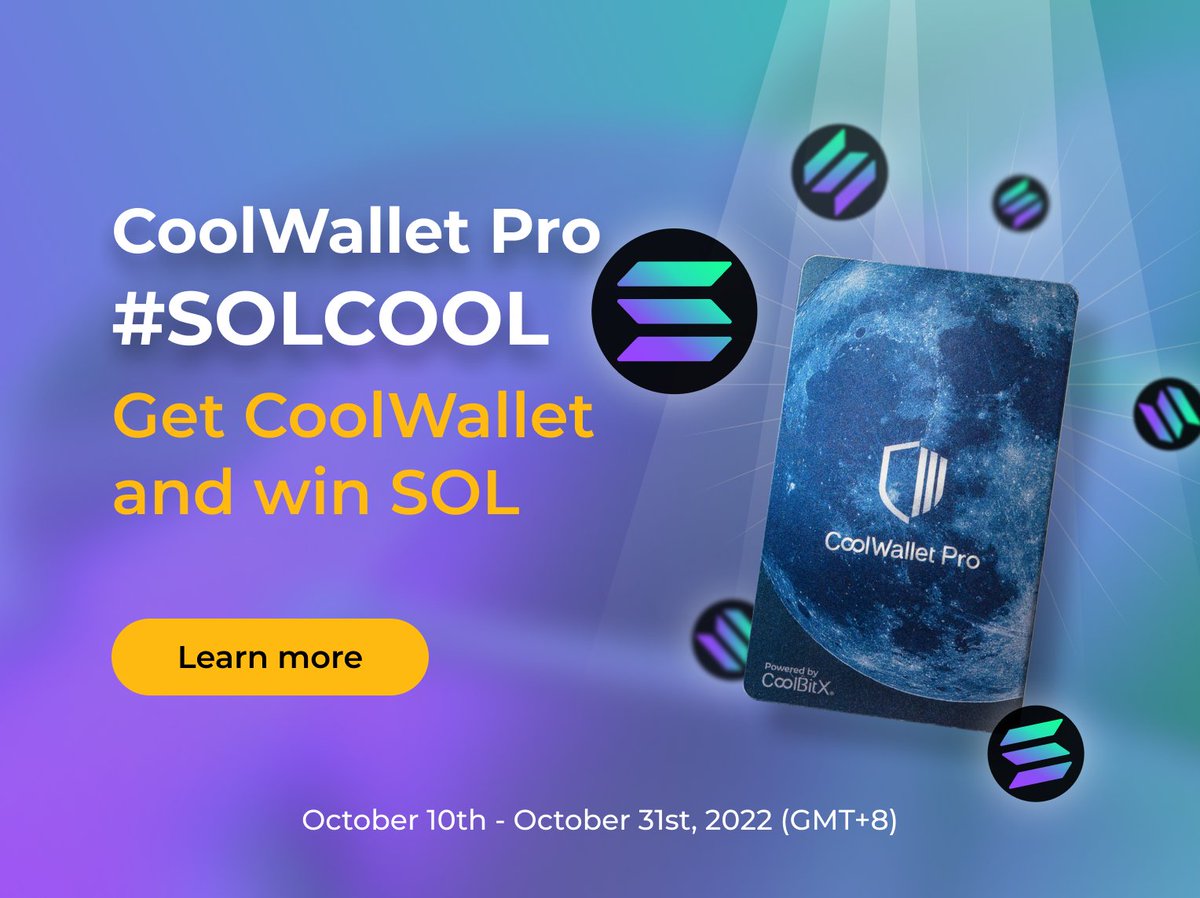 coolwallet's tweet photo. 🥳 LUCKY DRAW TIME! 
To celebrate that @CoolWallet Pro supports @solana chain:

✨From 10/10 to 10/31, 2022 purchase a #CoolWallet Pro to win 10 SOL ✨

✅ Send, Receive $SOL &amp; $SPL tokens
✅ Buy, Swap, Stake #SOL

👇 Full info #SOLCOOL #SolanaWallet
https://t.co/ssNQAq4GI9 https://t.co/HiAwUw7q28