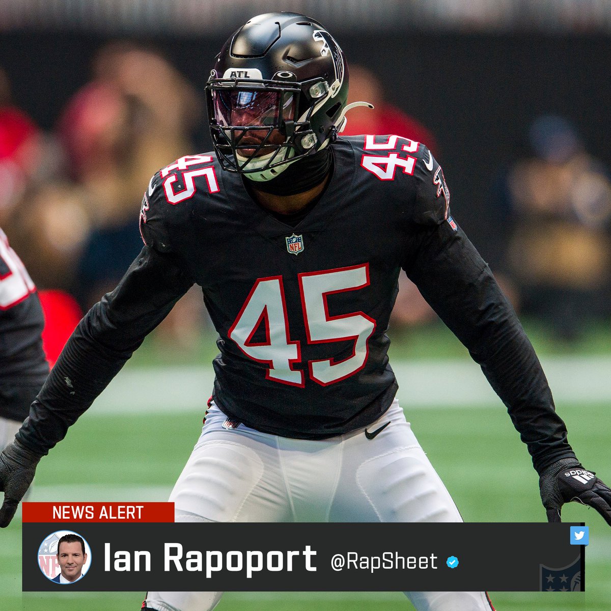 RapSheet's tweet photo. Sources: The #Browns are adding some key help in the middle of their defense, trading for #Falcons Pro Bowl LB Deion Jones in exchange for late-round draft compensation. https://t.co/jaogjvtjy8