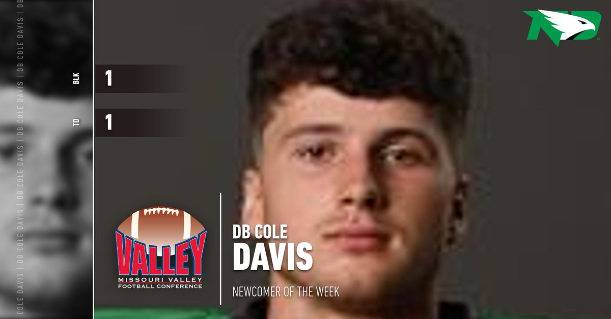 ValleyFootball's tweet photo. Newcomer of the Week ⫸ Cole Davis @UNDfootball

▪️ Blocked a punt and returned it three yards for a TD in UND's 35-30 win at Youngstown State.
▪️ The block and subsequent TD return occurred with just 8:38 remaining in the 5-point win. https://t.co/HVNHenffut
