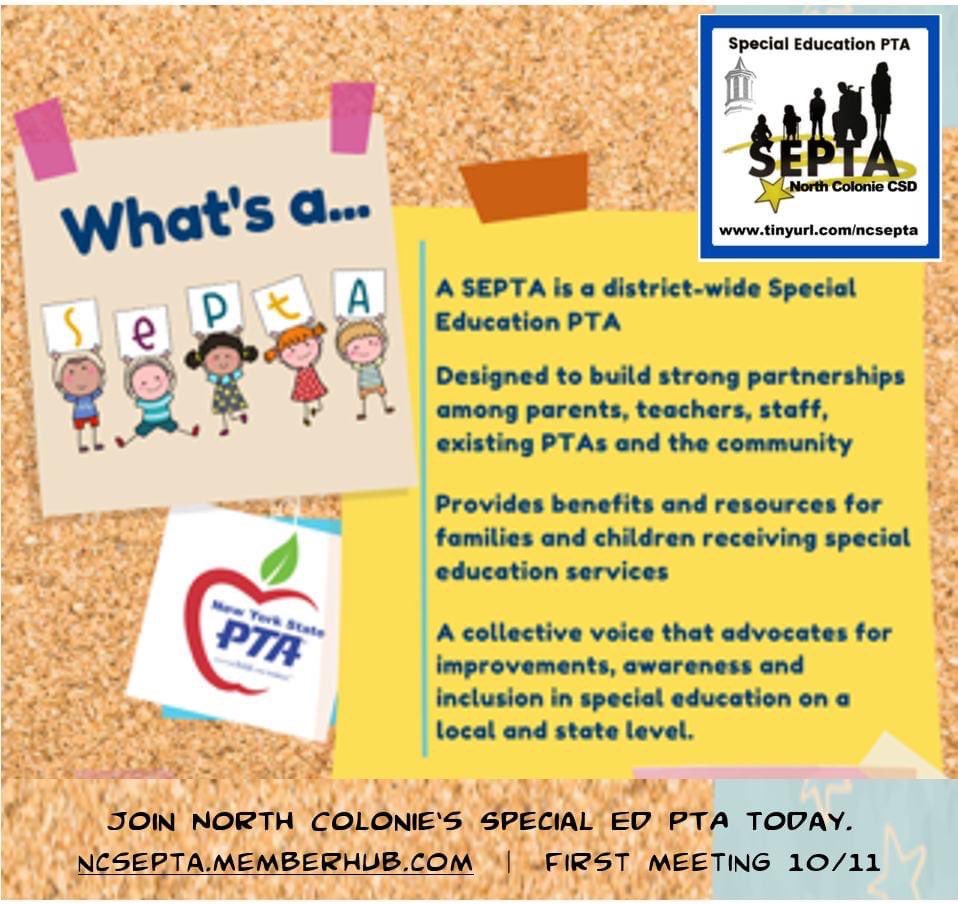 ShakerMiddlePTA's tweet photo. To join the North Colonie Special Ed PTA visit https://t.co/dgqz78Z3Eo or join in person at the next meeting on Tuesday 10/11 at 7pm at the Goodrich Building. For more information, email ncsepta@gmail.com https://t.co/yJR6aFY6Ui
