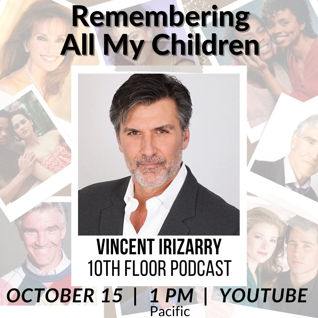 10thFloorGH's tweet photo. Major announcement regarding #RememberingAMC this coming Saturday… 

@VincentIrizarry will be joining us LIVE to remember, reflect, and relive all the dangerous, dastardly, romantic, and heroic moments of All My Children’s own Doctor David Hayward! https://t.co/7en5B2jcAO