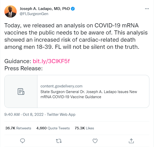 GidMK's tweet photo. Florida released an analysis of COVID-19 vaccines suggesting that immunizations (especially the mRNA ones) increase the risk of cardiac death particularly in young men

Let's look at the numbers. I think the presentation of this analysis is extremely misleading 1/n https://t.co/N8f5A970xu