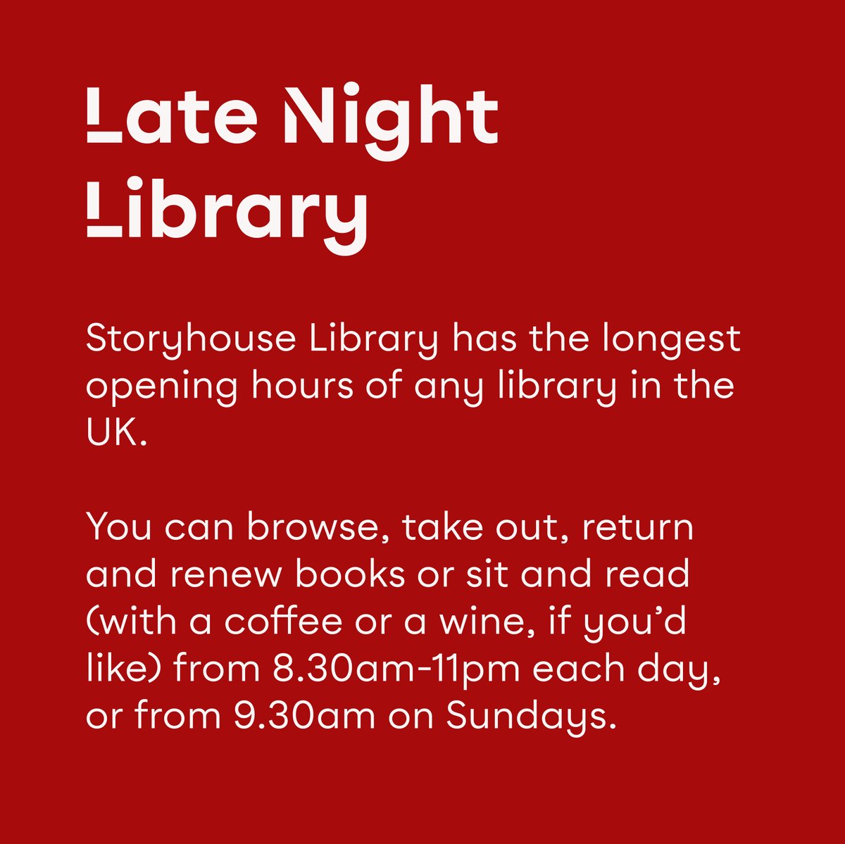 StoryhouseLive's tweet photo. 1. Late Night Library ✨🍷

We have the longest opening hours of any library in the UK. You can browse, take out, return &amp; renew books or sit and read (with a coffee or a wine, if you'd like) from 8.30am-11pm each day, or from 9.30am on Sundays. 

https://t.co/QSCzS7o7O1 https://t.co/OZt7iK0zxZ