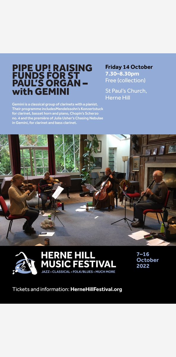 Looking forward to Mendelssohn Op.113&114 with @ianmitchellclt & Aleks Szram, piano. Basset 🐶 at the ready! I love the haunting, autumnal colours of this instrument. 🍁 Also duos by Hugh Shrapnel & Julia Usher. Fri 14 Oct 7.30pm @HerneHillFest @hernehillparish #bassethorn