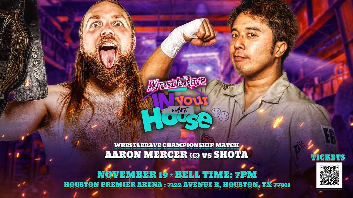 WrestleRaveHTX's tweet photo. Hey #JCWWorld fans! Did you enjoy Shota tonight? Then be sure to attend his WrestleRave Championship Match at In Your (Ware)House on Nov. 19 in Houston!
Tickets and sponsorships are available now!
๐ https://t.co/BjKqGrvXNf https://t.co/bg1cZOokOg
