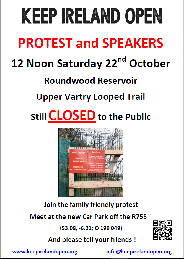 IrelandKeep's tweet photo. PROTEST AT UNAUTHORISED VARTRY TRAIL BLOCKAGE

Location: New Vartry Trails Car Park off the R755 near Roundwood at 12 noon on  Sat 22nd Oct.

🧵 below on the events leading to this: https://t.co/JwFmRvOsLy
