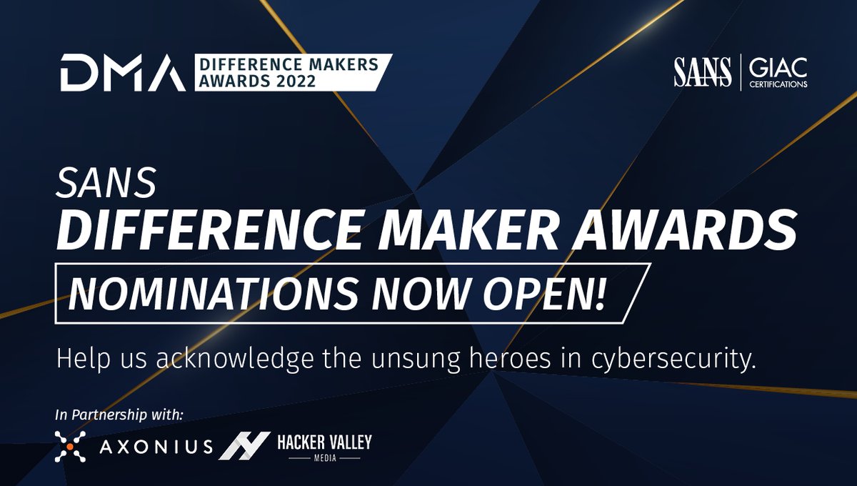 Shine a light ✨ on the #Cybersecurity practitioners who are quietly succeeding &amp; making breakthroughs every day in advancing security.

Now accepting nominations through Monday, October 24, 12:00 pm EDT.

➡️ Nominate Now: sans.org/u/1nf5

#SANSDMA