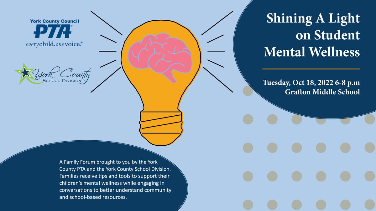 In partnership with the York County PTA, YCSD is hosting a mental health forum for families and students to learn about tips and tools to support their children's mental wellness.

📅 Tuesday, October 18
⌚ 6 - 8 p.m.
📍 Grafton Middle School