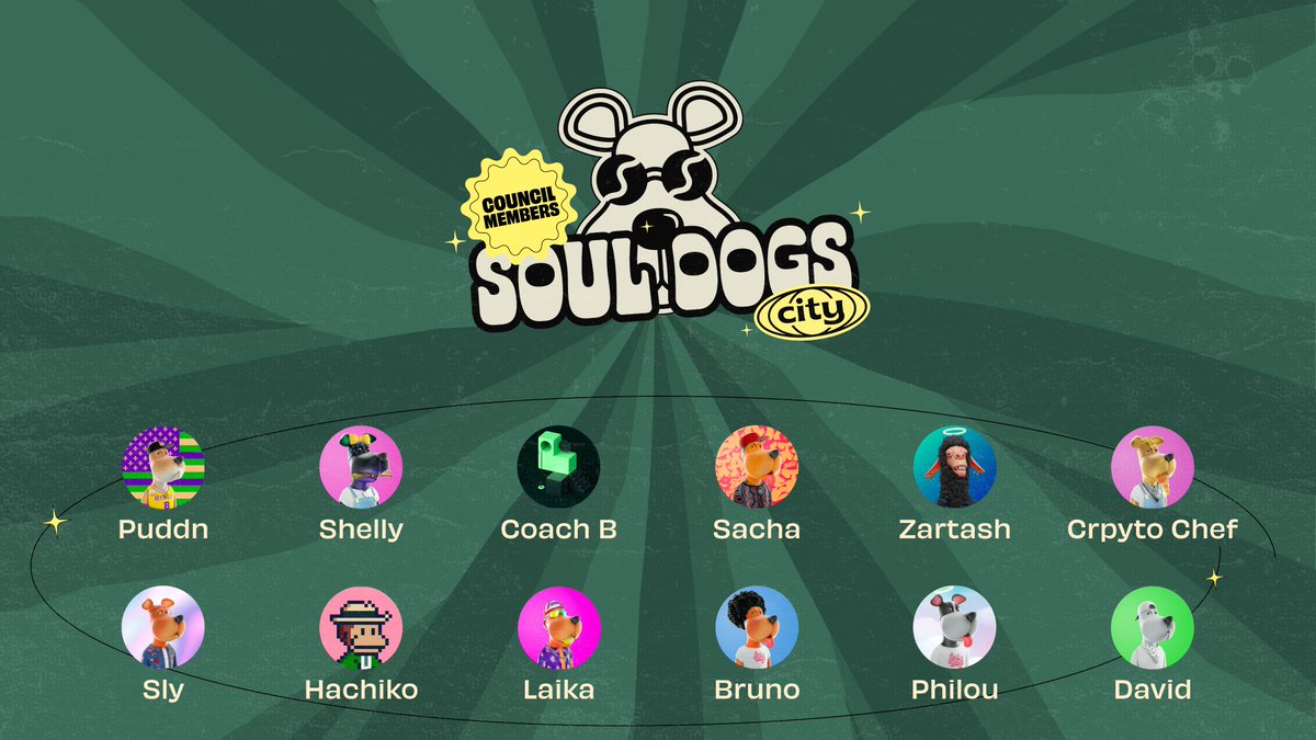 SoulDogsCity's tweet photo. Soul Dogs, we have some Dynomite news to share with you all.

Introducing your new City Council 🐶

The council will lead the DoggieDAO &amp; be responsible for guiding the direction of SDC based on the vision &amp; will of the community.

We bark &amp; we build, together.

RUFF RUFF https://t.co/0KVLK900y3