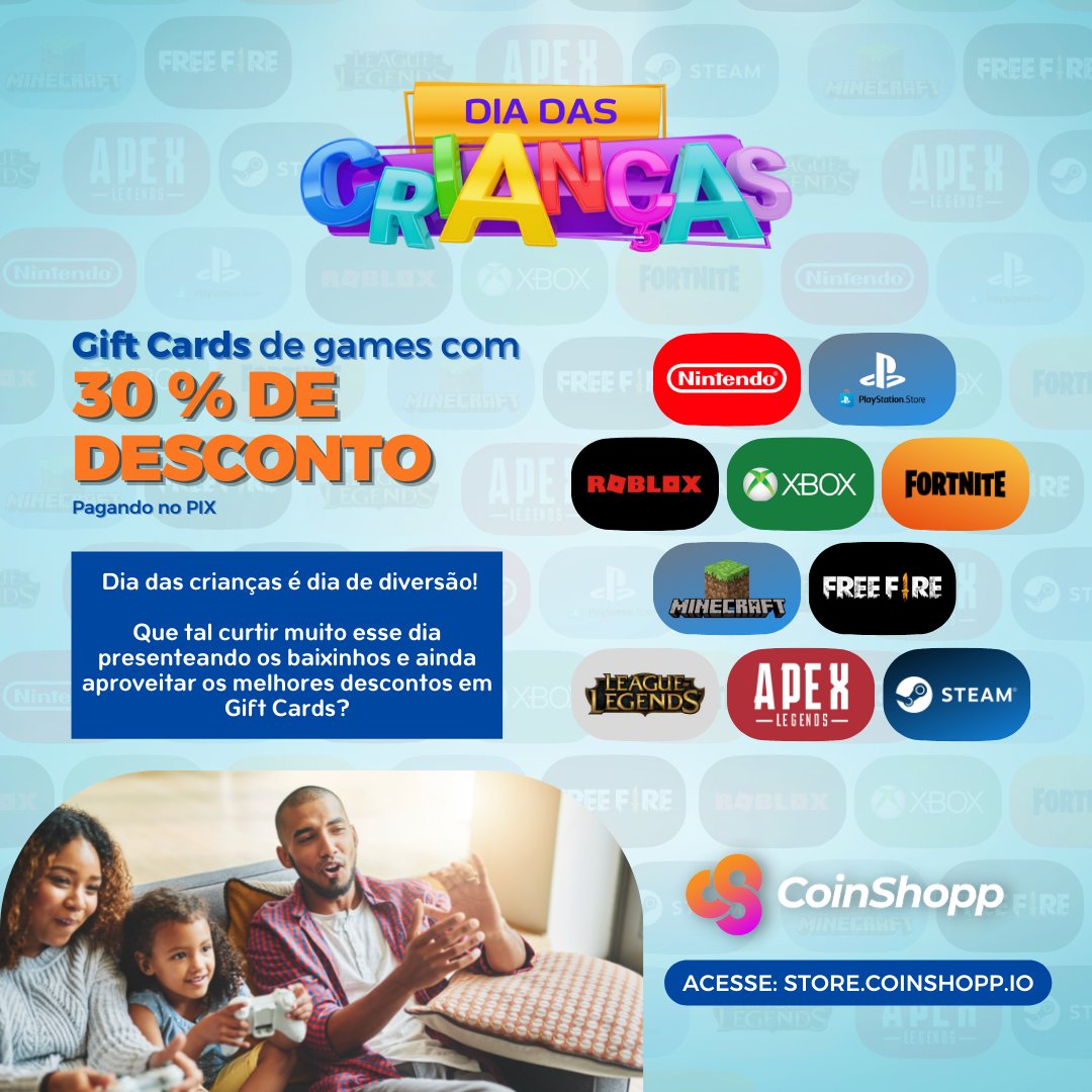 coinshoppio's tweet photo. Dia das crianças é dia de diversão!
Que tal curtir esse dia presenteando os baixinhos e ainda ganhar 30% de desconto em Gift Cards?
Temos diversas opções, é só escolher o seu game favorito, apertar o play e se divertir.
Acesse: https://t.co/HimR7s7U55
#coinshopp #cshop #game https://t.co/37XQCG4rGH