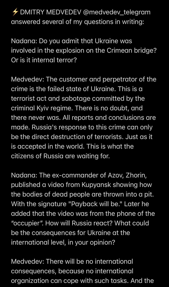 FridrihShow's tweet photo. ⚡️DMITRY #MEDVEDEV  answered in writing to several of my questions about 
the terrorist attack on the #CrimeanBridge, the reactions of #Russia and the international community //#Ukraine https://t.co/WdCEWUwYLc