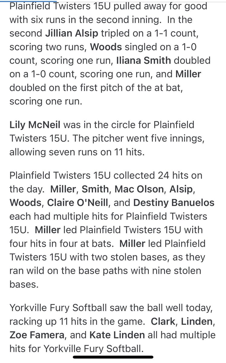 LillyMillCatch's tweet photo. Game 1 Naperville Diamonds: W 14-8 - walk, hit by pitch, single Game 2 - Yorkville Fury W 16-7 - single, double, single, double. https://t.co/Ss90M17a7H