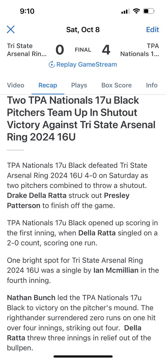 Dheals1735's tweet photo. Uncommitted’24 @NathanBunch53 set the tone w/ a dominant start on the bump in game 1. Lights out relief from uncommitted’24 @DellarattaDrake &amp; clean D all game long secured the shutout. 2 hits from @BoazHarper sparked the scoring for our @tpanationals 17u Black in the 4-0 win! https://t.co/6xrohZtYG2