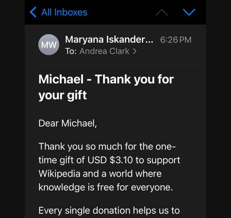 RealAndyClark's tweet image. A woman I went to college with is CEO of Wikimedia and I learned this by donating $3.10