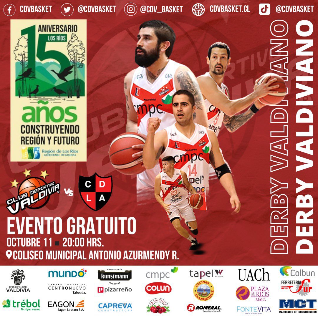 CDVBasket's tweet photo. 🔴 CELEBRACIÓN 15 AÑOS REGIÓN DE LOS RÍOS 

🗓 Martes 11/10, 20 hrs.
📍 Coliseo Antonio Azurmendy.
🆓 Evento gratuito, hasta completar el aforo disponible en el Coliseo.

🔥 Nos vemos en la Catedral! 

#15AniversarioLosRios #VamosCDV 💪🏀🇯🇪 #ValdiviaCL #LosRios https://t.co/1NU3uU0jGz