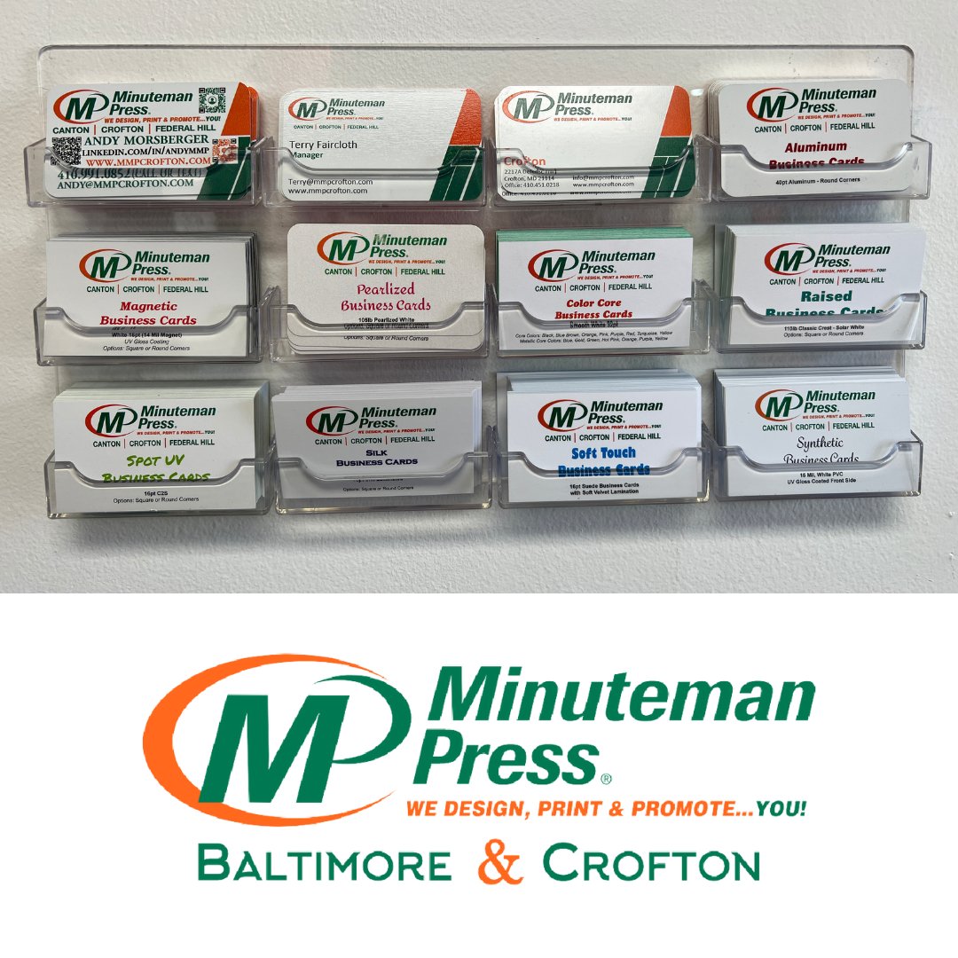 We can customize your business cards. Work with our design team to come up with the perfect cards that will land in the hands of your ideal customers. 

#MinutemanPress #PrintDesign #SupportMarylandBusiness #PrintLocal #PromoteYourBrand #BrandIdentity #BrandManagement