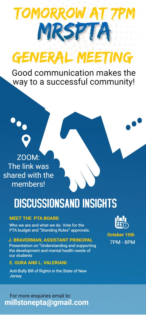 Dear MRSPTA members, join us for the First General Membership Meeting tomorrow at 7 p.m.