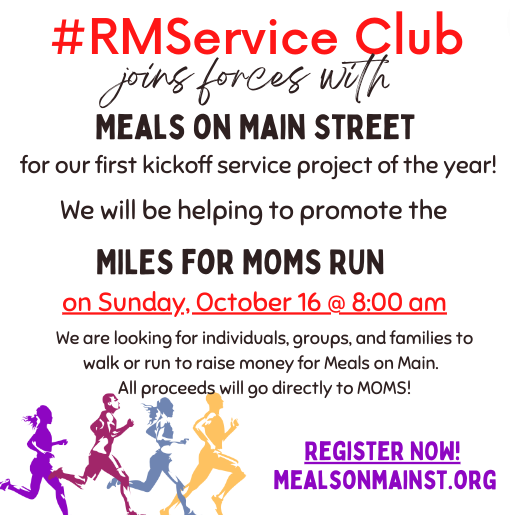 OrlandoKristie's tweet photo. The #RMService club is helping to spread the word about the second annual MILES FOR MOMS run next Sunday! This 1.5-mile run (or walk!) will help raise money for local food insecurity in lower Westchester. https://t.co/111YlzoL1l https://t.co/vt0AJxVKnd