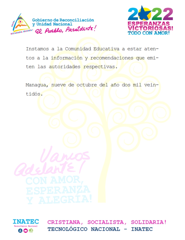 El Instituto Nacional Técnico y Tecnológico, INATEC, informa a la comunidad educativa y población en general. #SoyTecNicaragua