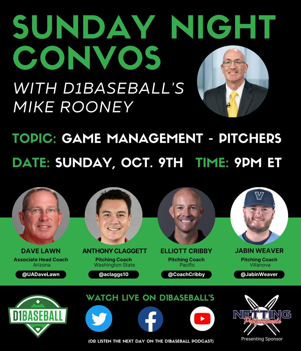 D1Baseball (@d1baseball) on Twitter photo Hey Siri, set a timer for one hour. ⏲️
The 1st episode of Sunday Night Convos with <a href="/Mike_Rooney/">Mike Rooney</a> (presented by <a href="/NettingPros/">Netting Professionals 🏟️</a>) starts in 60 minutes.
Watch along with Roons as he talks to @UADaveLawn, <a href="/JabinWeaver/">Jabin Weaver</a>, <a href="/CoachCribby/">Elliott Cribby</a>, & <a href="/aclaggs10/">Anthony Claggett</a> about game management with pitchers. Hey Siri, set a timer for one hour. ⏲️
The 1st episode of Sunday Night Convos with <a href="/Mike_Rooney/">Mike Rooney</a> (presented by <a href="/NettingPros/">Netting Professionals 🏟️</a>) starts in 60 minutes.
Watch along with Roons as he talks to @UADaveLawn, <a href="/JabinWeaver/">Jabin Weaver</a>, <a href="/CoachCribby/">Elliott Cribby</a>, & <a href="/aclaggs10/">Anthony Claggett</a> about game management with pitchers.