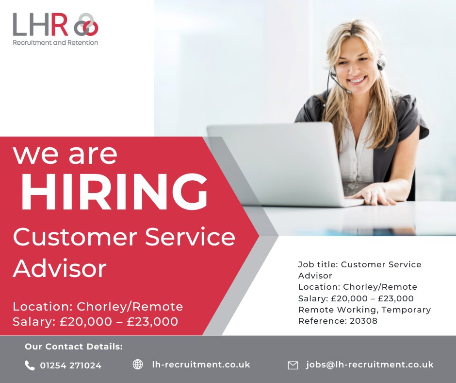 talentfor_good's tweet photo. Customer Service Advisor Job Role Available #Chorley | LHR Recruitment
Salary: £20,000 – £23,000
Remote Working, Temporary
Reference: 20308

Job Link: https://t.co/Vzu1VKKREW

#customerservice #customerserviceadvisor #customerservicejobs #customerserviceadvisorjobs #jobs https://t.co/UaeNQ2QIHx