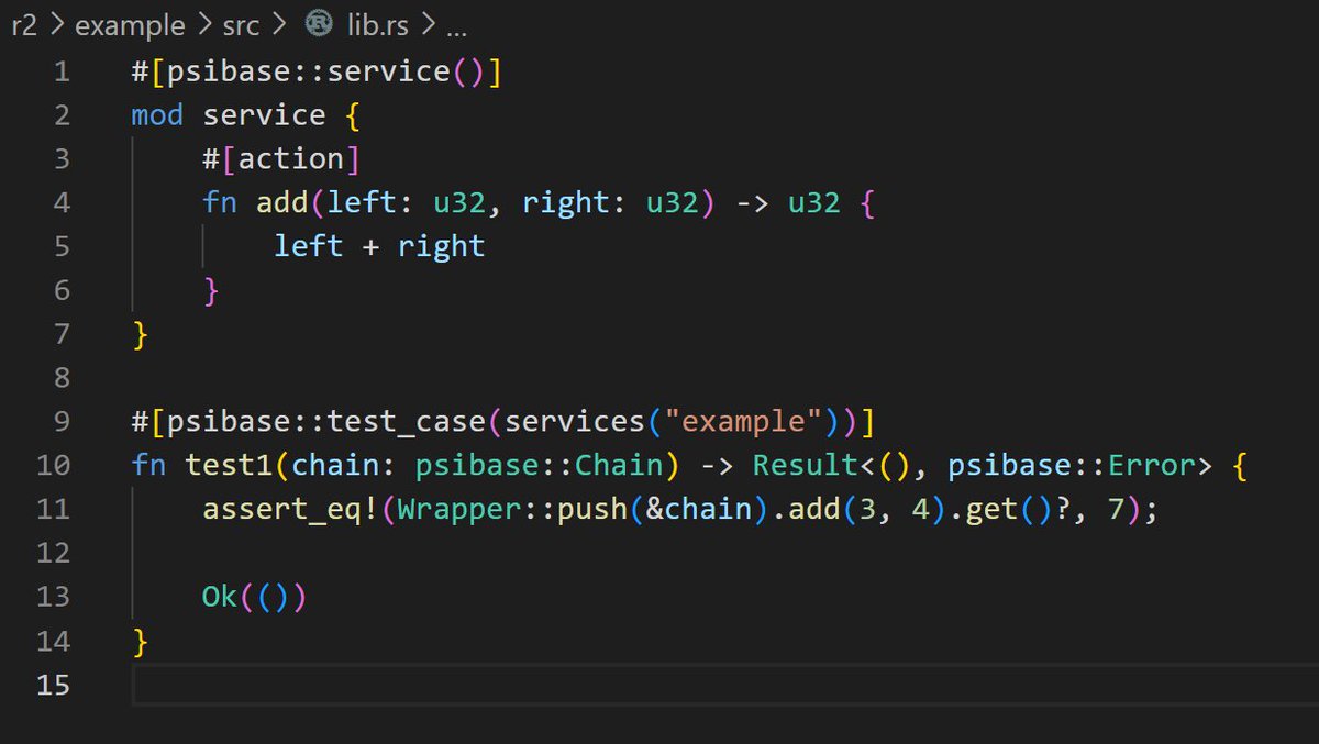 This is what a #psibase Rust service (smart contract) and test case look like