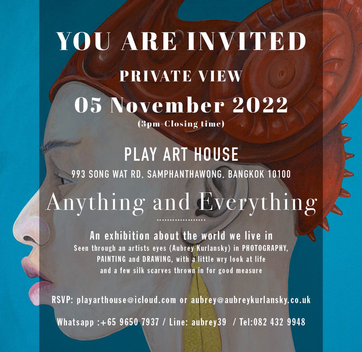KurlanskyA's tweet photo. Anything and Everything #Art #graphics #photography #patterns #colour #illustrations #silk #scarfs #whiteonblue #fineartcreations  New exhibition opens 5 November 2022 #artplayhouse watch this space #bangkokthailand https://t.co/ezlwAnfluq