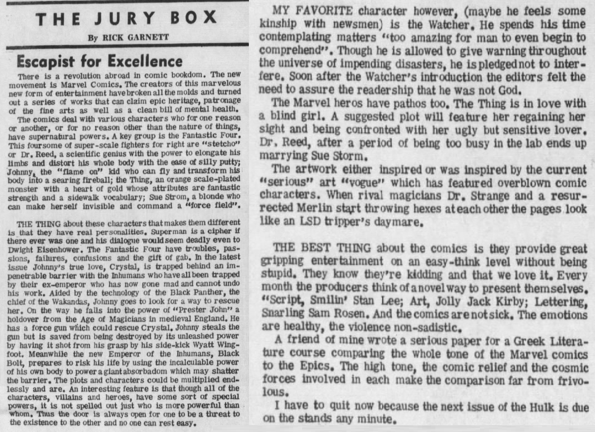 Comichistorians's tweet photo. Rick Garnett of the #DailyWorld (1966) discusses the #comicbook revolution of #MarvelComics spearheaded by #StanLee and #JackKirby. #LettererSam Rosen is also mentioned, but despite some name dropping, most of the article highlights the fictional narratives of the #FantasticFour. https://t.co/DJdnIxatsJ