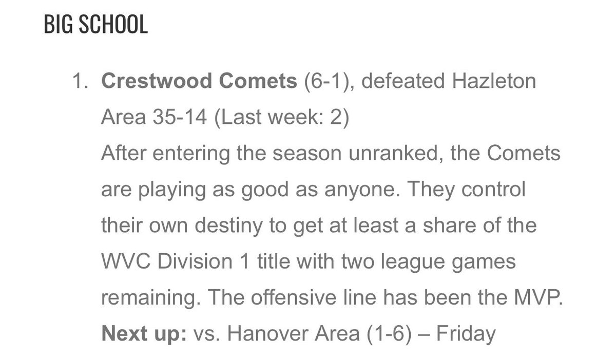 CometsFootball25 (@cometsfootball2) on Twitter photo Your Comets are the NEW #1 in the <a href="/NEPAFootball/">NPF Football</a> Week 7 Super Six Power Rankings! Can’t wait to get back out on the field this Friday at home against Hanover Area for homecoming! Go CCCOMETS! 🏈 <a href="/ArcangeliCoach/">Ryan Arcangeli</a> <a href="/PaFootballNews/">Pennsylvania Football News</a> <a href="/EPAFootball/">EasternPAFootball</a> <a href="/johnmendolashow/">JOHN MENDOLA SHOW</a> <a href="/piaad2/">PIAA District 2</a> @district2footb1 Your Comets are the NEW #1 in the <a href="/NEPAFootball/">NPF Football</a> Week 7 Super Six Power Rankings! Can’t wait to get back out on the field this Friday at home against Hanover Area for homecoming! Go CCCOMETS! 🏈 <a href="/ArcangeliCoach/">Ryan Arcangeli</a> <a href="/PaFootballNews/">Pennsylvania Football News</a> <a href="/EPAFootball/">EasternPAFootball</a> <a href="/johnmendolashow/">JOHN MENDOLA SHOW</a> <a href="/piaad2/">PIAA District 2</a> @district2footb1