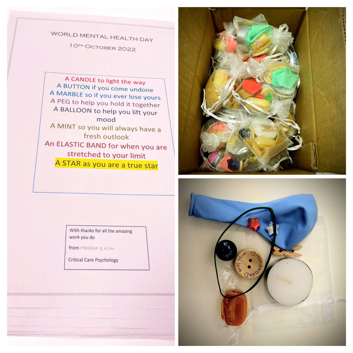 KimlyonsP's tweet image. #WorldMentalHealthDay. Thank you to @BHRUT critical care teams who have worked tirelessly pre/COVID/post. Today is time to reflect ‘My Mental Health Matters’. Enjoy your little gifts from @nelftchps