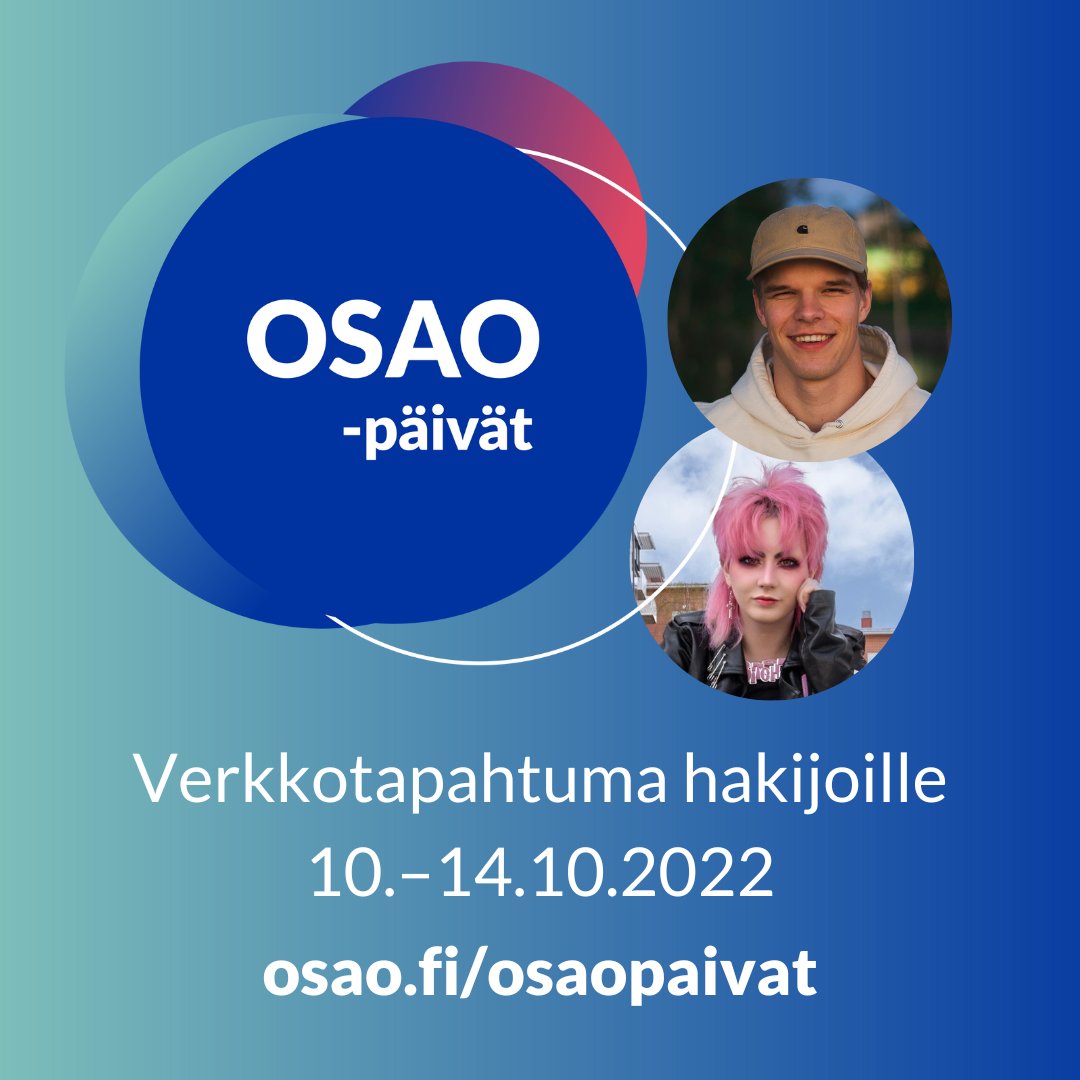 OSAO-päivät alkavat tänään klo 9! Viikon aikana pääsee kuulemaan OSAOn laajasta koulutustarjonnasta, keskustelemaan, kurkkaamaan oppimisympäristöihin ja tutustumaan OSAOlaisiin. Klikkaa mukaan osoitteessa osao.fi/osaopaivat
#osao #KaikkiOnMahdollista #OsaoPäivät