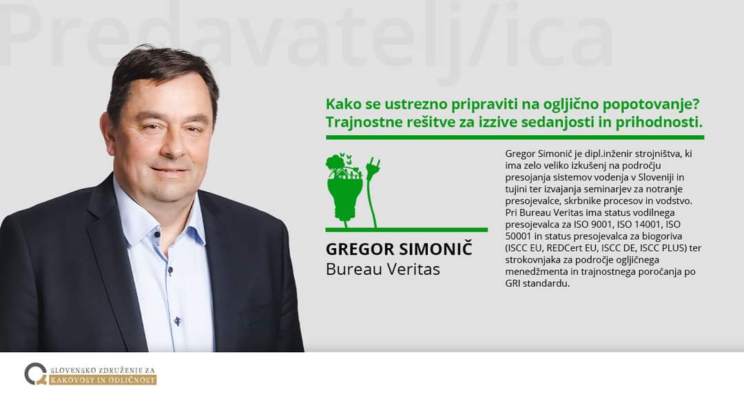 kakovost_slo's tweet photo. @kakovost_slo GREGOR SIMONIČ, Bureau Veritas. Naslov predavanja: Kako se ustrezno pripraviti na ogljično popotovanje? Trajnostne rešitve za izzive sedanjosti in prihodnosti.

Kakovost v praksi - 13. oktobra 2022 na Krasu, v Lipici.
Link do spletne prijave: https://t.co/lve5BCumio https://t.co/9NT1MBFp7i