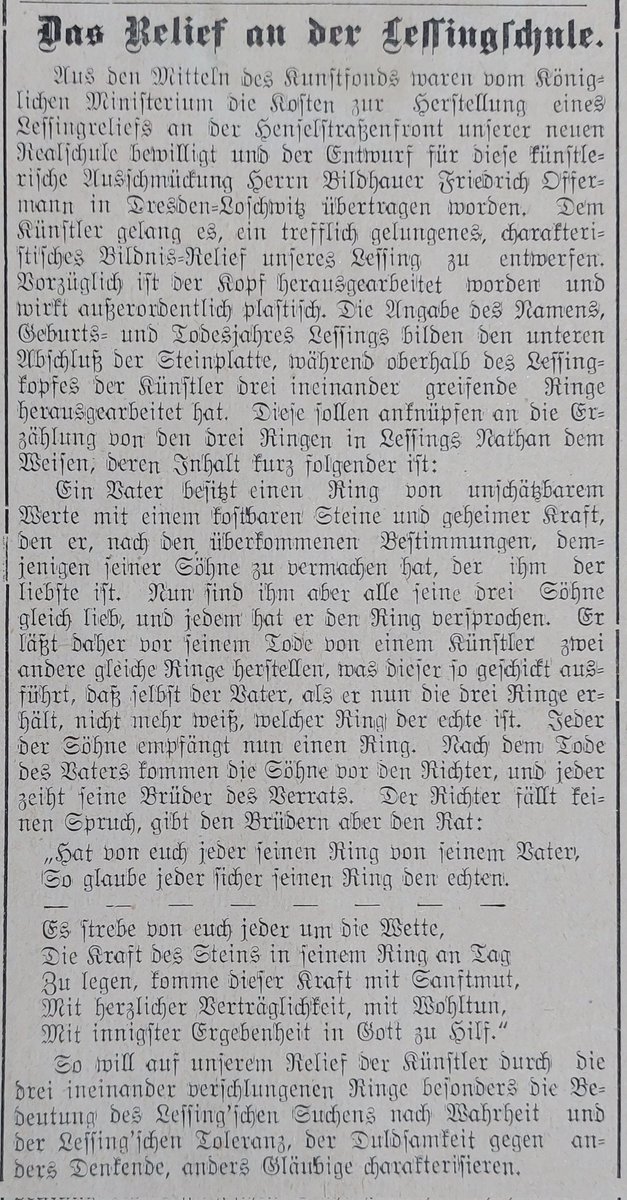 ThoBiArchivator's tweet photo. Was haben #Lessing, ein #Krokodil und ein #Satyr gemein? Das hat der #Dresden|er Bildhauer Friedrich #Offermann versucht in einem Relief an der #Kamenz|er #Lessingschule darzustellen. Das vor 111 Jahren geschaffene Werk erklärt "M." (#Muhle) im Kamenzer Tageblatt vom 04.06.1911. https://t.co/XPKPqkc2Us
